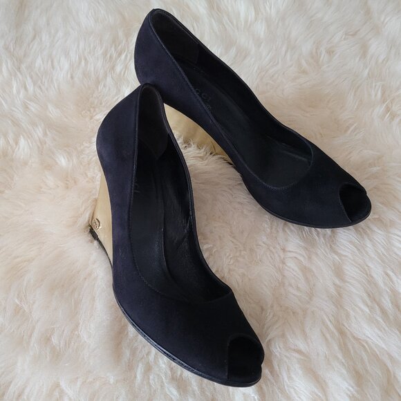 Gucci Black Suede Gold Wedge Heel SZ 7 - Picture 1 of 16